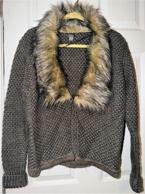 Neiman Marcus Brown Knit Cardigan with Faux-Fur Collar